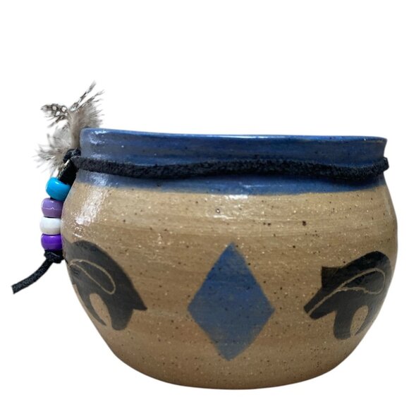 Southwestern Handmade Bear Pottery Bowl Planter with Beads & Feathers - Picture 6 of 8